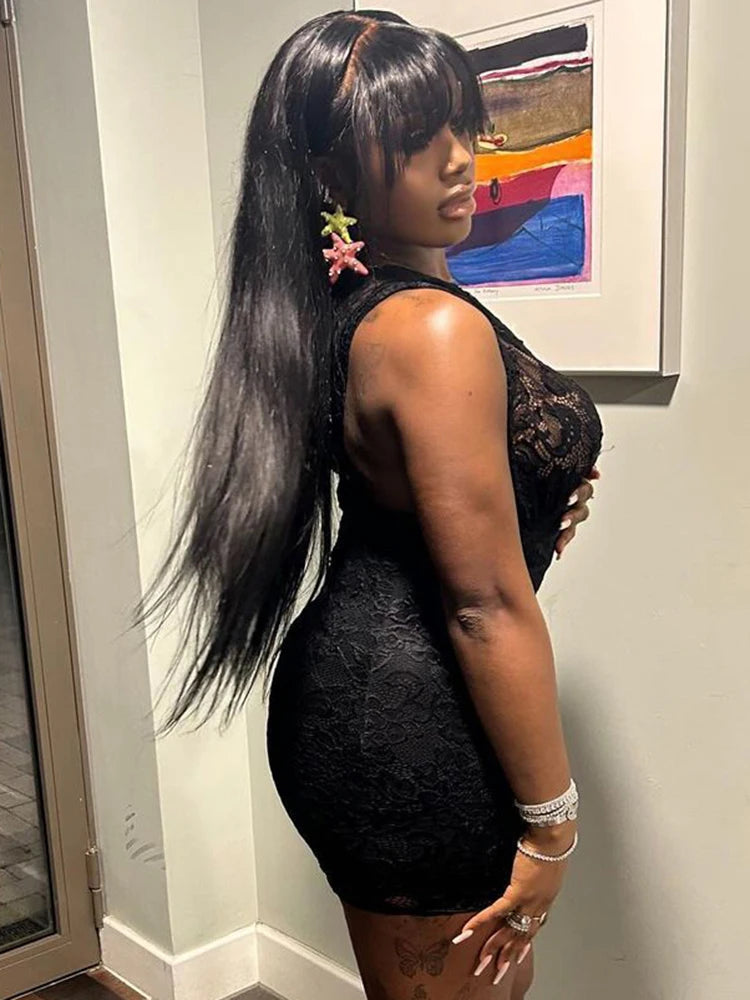 Irregular Hollow Mini Dress Women Mesh Patchwork Skew Collar Sleeveless Midnight Club Party Sexy Coquettish Outfits