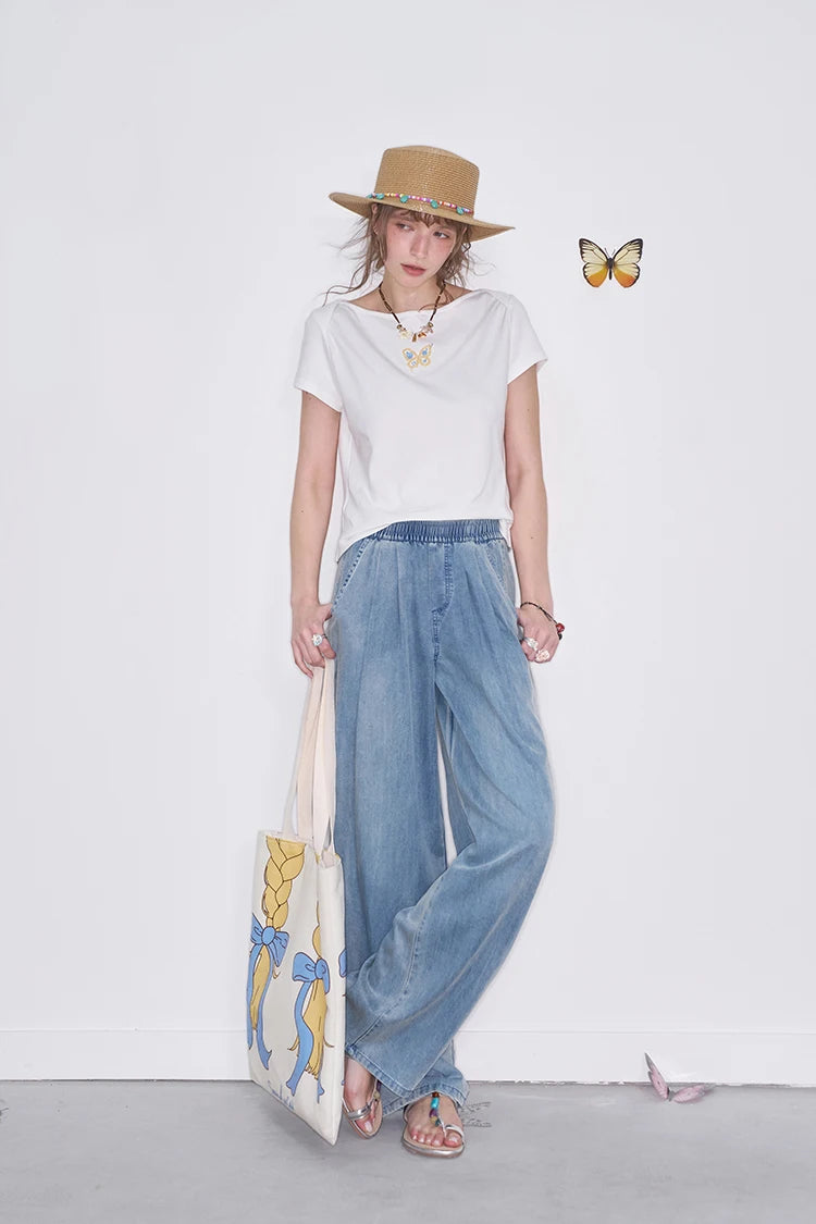 High Waist Wide Leg Jeans for Women, Casual Loose Fit Denim Pants with Elastic Waist, Lightweight Washed Trousers