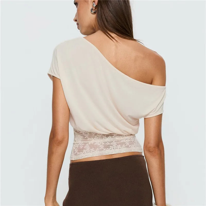 Women's Summer Tops Stylish Solid Color Floral Lace Patchwork Off One Shoulder Slim Fit Blouse for Casual Daily Wear