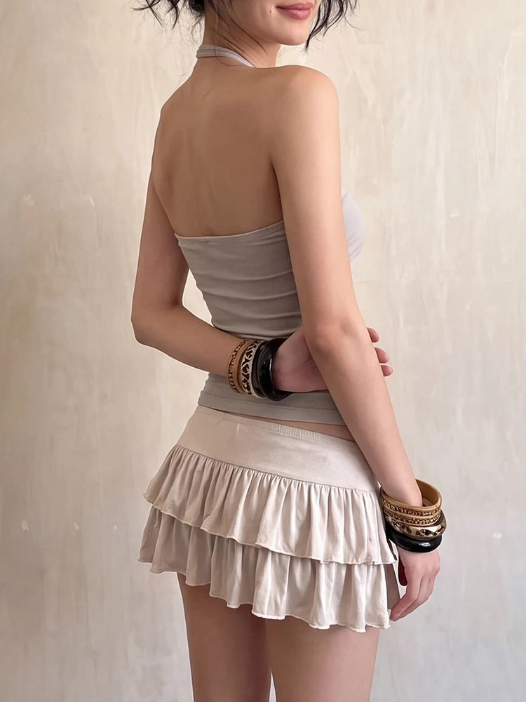 False Button Decoration Vest Women Halter Backless v-Neck Simple Summer Fashion Music Festival Elasticity Streetwear