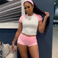 Summer Sporty Patchwork 3 Piece Set Women Casual Headband+Crop Top+High Waist Bike Shorts Street Fit Matching Tracksuit