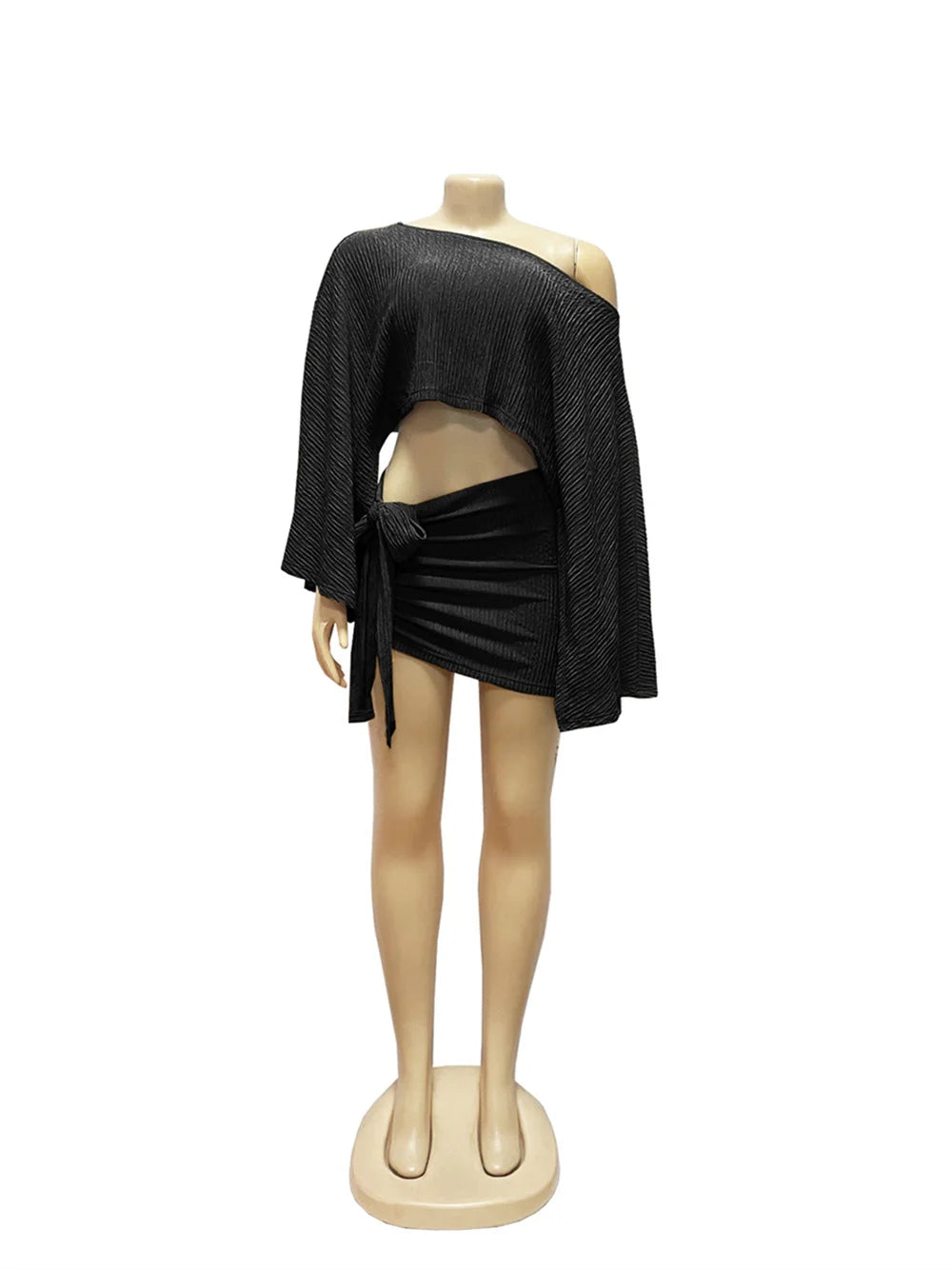 Sexy 2 Piece Set Women Skew Collar Loose Crop Tops+Ruched Knot Ribbon Skirt Matching Beach Vacation Party Club Suit