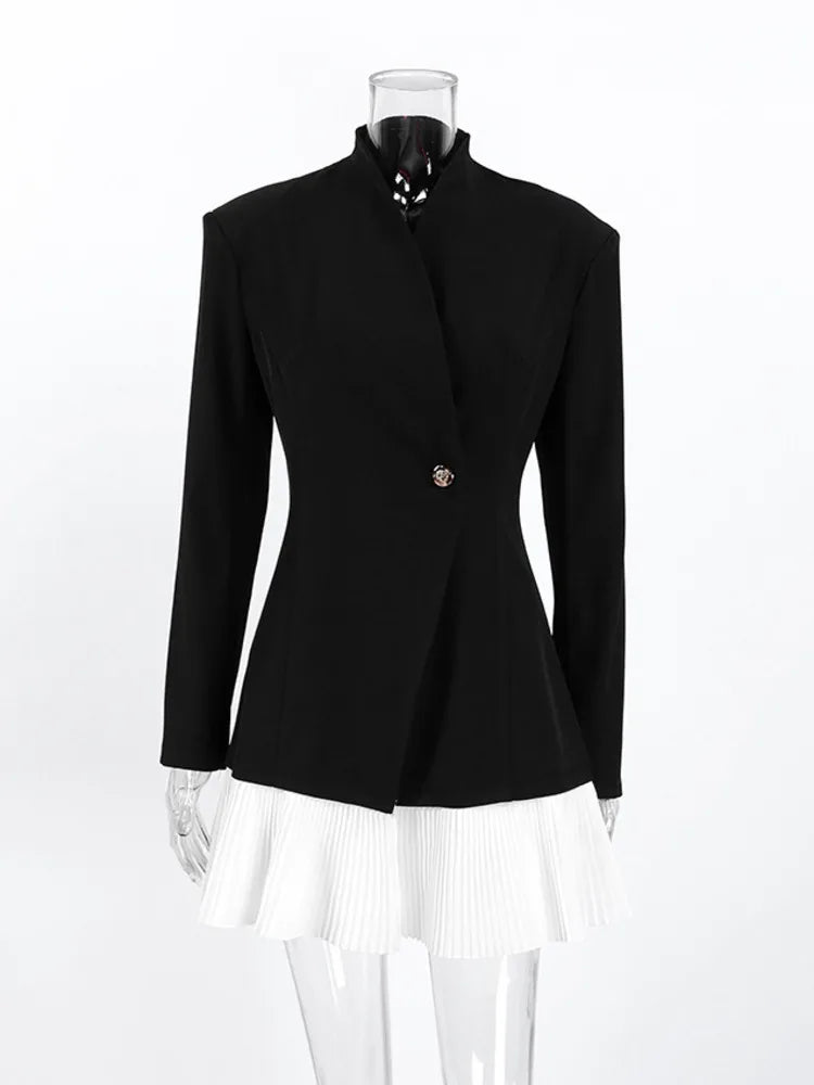 Patchwork Long Sleeve Sexy Blazer Dress Women Elegant V Neck Single-button High Waist Slim Blazers Dresses Female
