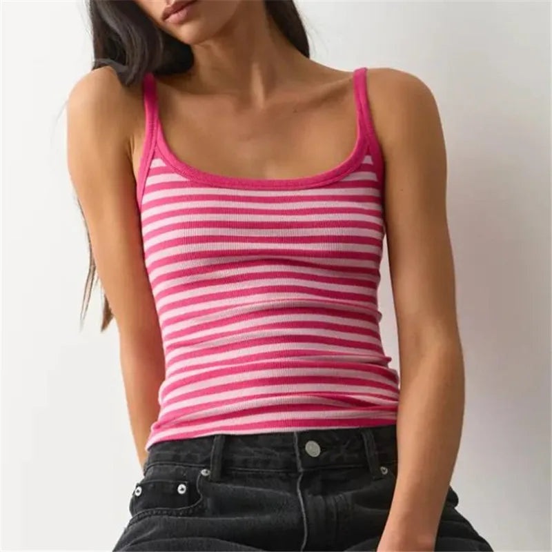 Women Striped Ribbed Tank Top U Neck Sleeveless Slim Fit Cami Top Y2K Retro Stripe Print Summer Casual Camisole
