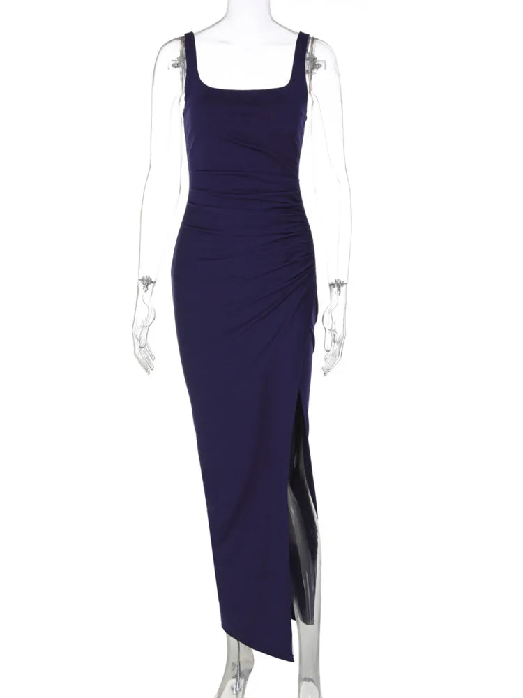 Square Collar Backless Sexy Maxi Dress Women Elegant Spaghetti Strap Sleeveless High Split Bodycon Club Party Dress