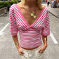 Retro Striped V Neck Crop Top Women Cross Wrap Short Sleeve T Shirt Low Back Slim Fit Striped Tee Y2K Aesthetic Outfits