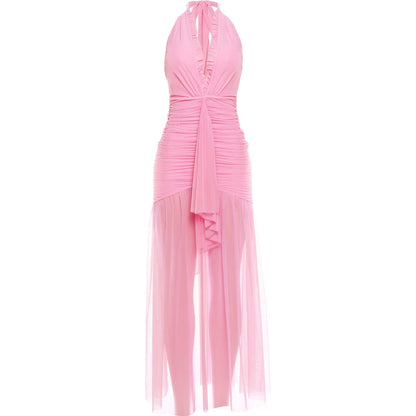 Elegant Backless Dress Women Deep V-Neck Halter Ruched Split Mesh Patchwork Sexy Party Club Peach Buttocks Vestidos