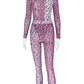 See Through Women 2 Piece Set Sexy Rave Leopard Print Bodysuit+Leggings Body Shaping Tight Matching Activity Clubwear