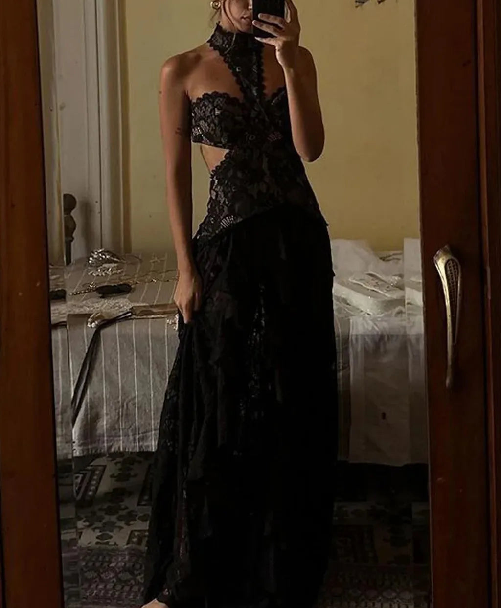 Backless Halter Neck Lace Maxi Dress Cutout Waist Tiered Ruffle Sheer Long Skirt Slim Evening Club Party Vacation Dress