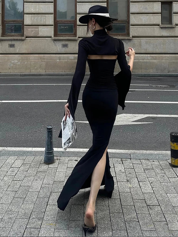 Fashion Chic 2-Piece Set Women Strapless Split Maxi Dress+Super Short Half-Sleeve Turtleneck Top Matching Elegant Outfits