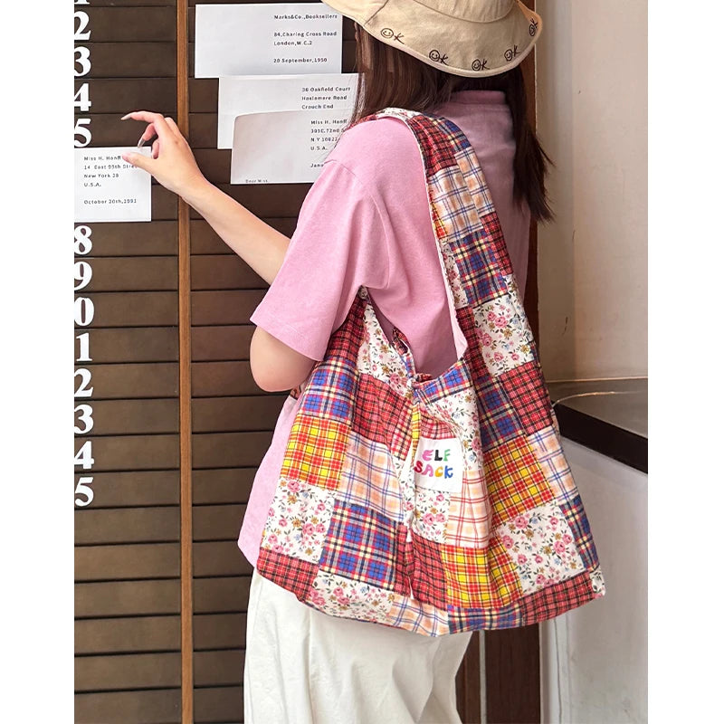 Color Block Casual Commute Large Capacity Lightweight Tote Shoulder Canvas Bag for Women