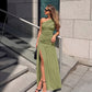 Asymmetric One Shoulder High Slit Maxi Dress Green Evening Party Dresses Woman Elegant Luxury