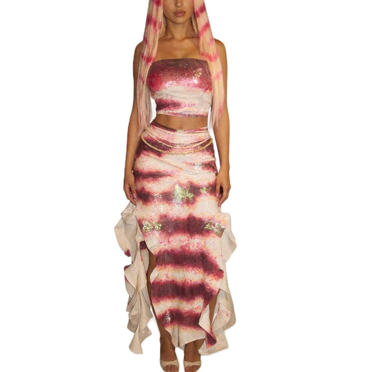 Halloween Shark Tale Costume Dress for Women Anime Sexy Sequin Tassel Hem Fish Strapless Tube Cosplay Maxi Dress