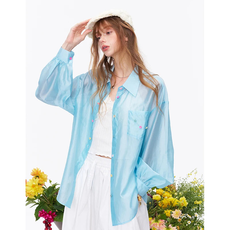 Women's Sweet Oversized Chiffon Shirt, Colorful Buttons Cake Detail Blouse, Casual Versatile Long Sleeve Top