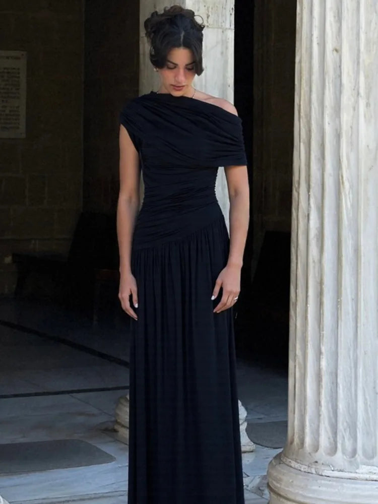 Incline Shoulder Backless Sexy Maxi Dress Women Summer New Fashion Sleeveless Pleated Ruched Club Party Long Dress