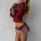 Womens Matching Sets Fluffy Faux Fur Trim Long Sleeve Top and Low-rise Mini Skirt Sets Woman 2 Piece Outfit