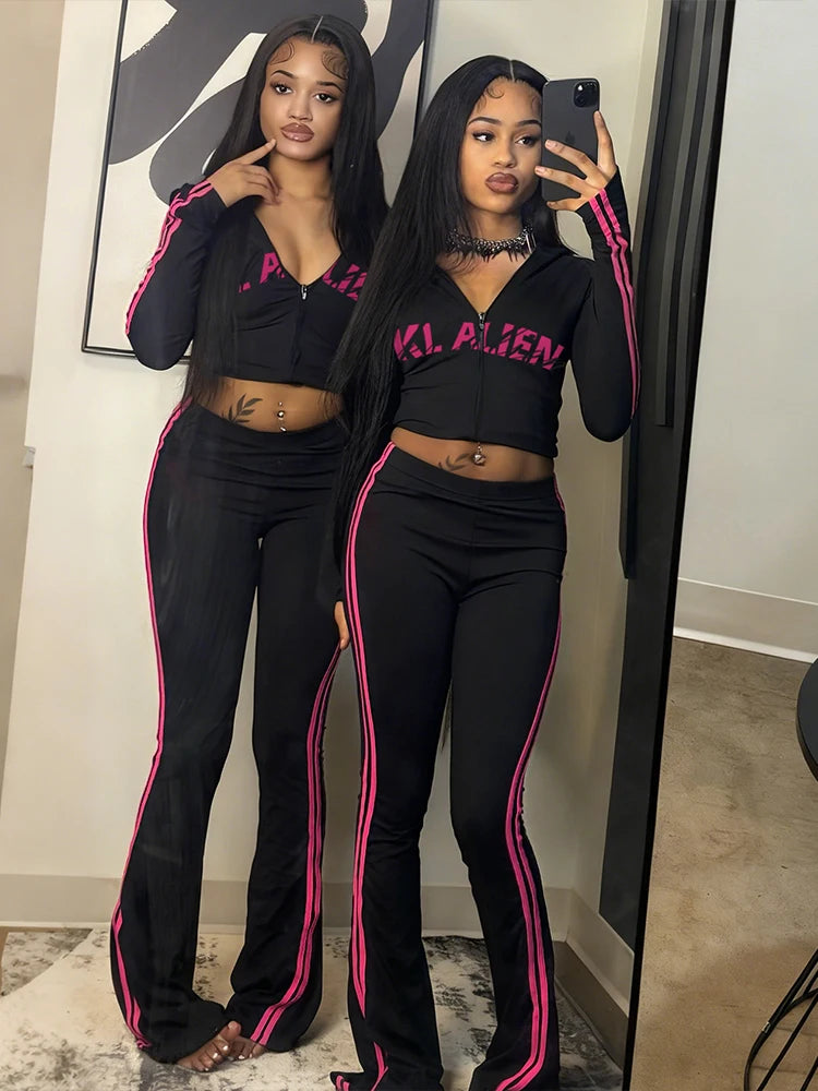 Sporty Stripes 2-Piece Set Women Zipper Letter Print Hooded Crop Tops+Pants Elasticity Fashion Autumn Casual Streetwear