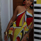 Colorful Patchwork Mini Dress Woman Metal Ring Halter Off Shoulder Backless Summer Beach Party Ruched Elegant Bodycon