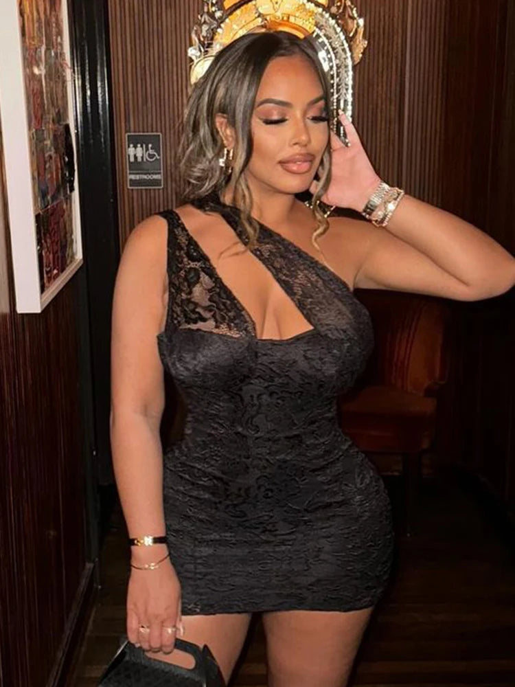 Irregular Hollow Mini Dress Women Mesh Patchwork Skew Collar Sleeveless Midnight Club Party Sexy Coquettish Outfits