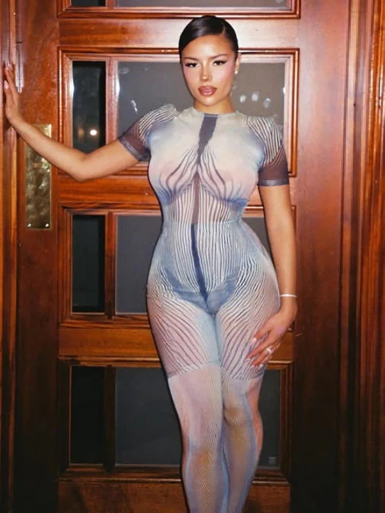 Striped Patchwork 2 Piece Set Women o-Neck Short Sleeve Skinny Playsuits+Mesh Long Pants Club Wild Style Trend Suits