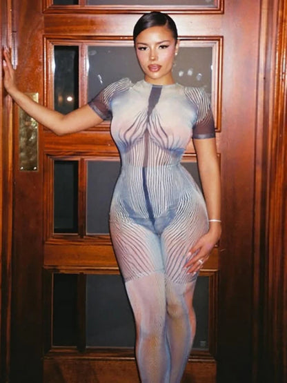 Striped Patchwork 2 Piece Set Women o-Neck Short Sleeve Skinny Playsuits+Mesh Long Pants Club Wild Style Trend Suits