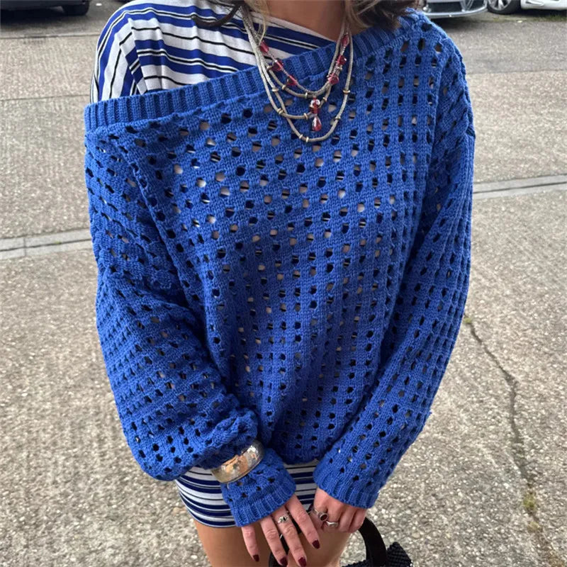Women Retro Y2K Hollow Knit Mesh Sweater Off‑Shoulder Slouchy Oversized Pullover Long Sleeve Grunge Vintage Street Tops