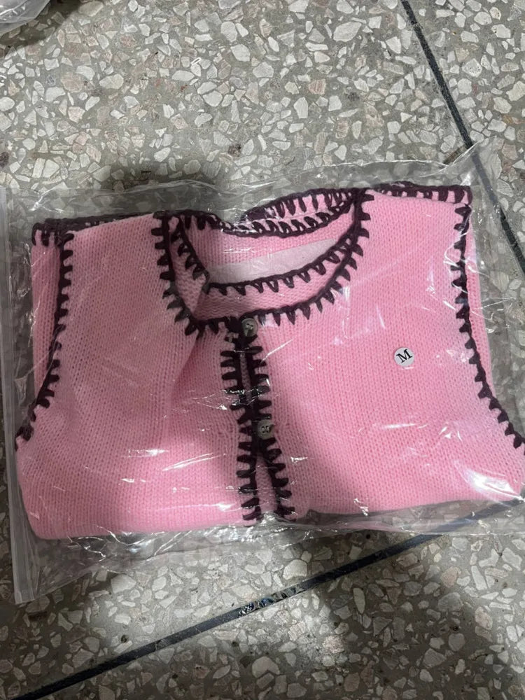 Contrast Color Knit Sweater Vest Women O Neck Single-btrasted Sleeveless Crop Tops Ladies Fashion Knitted Tops Vest