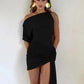 Oblique Shoulder Backless Irregular Sexy Mini Dress For Women Fashion Sleeveless Draped Ruched Club Dress Elegant