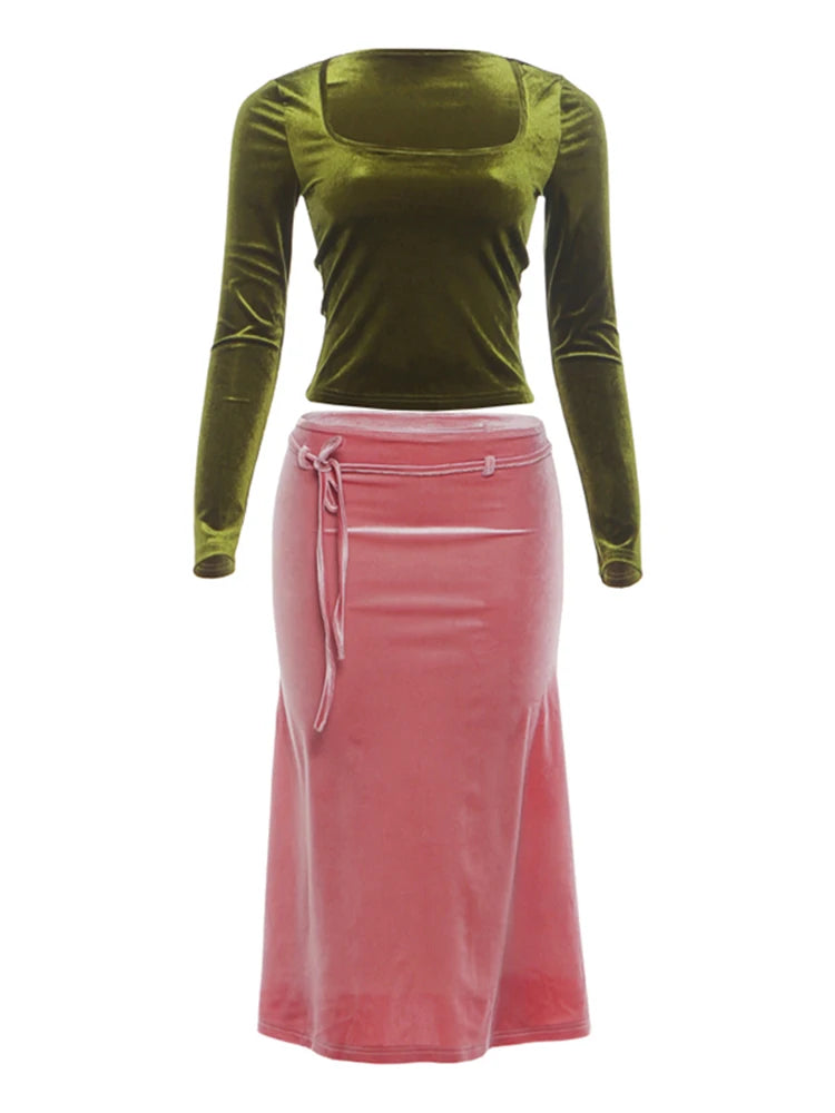 Fashion Chic Velvet 2 Piece Set Woman Autumn Square Collar Full Sleeve T-Shirts+Bandage Tassel Long Skirts Elegant Suits