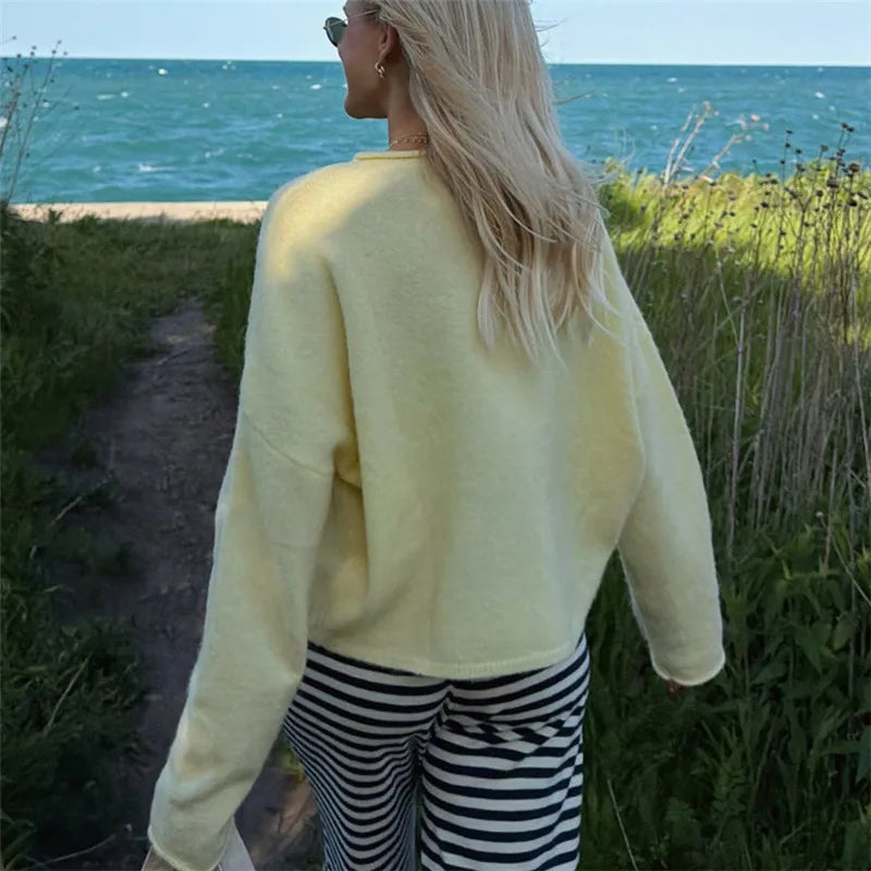 Solid Knit Pullover Women Loose Drop Shoulder Long Sleeve Crew Neck Short Sweater Minimalist Winter Fall Casual Knitwear