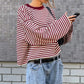 Round Neck Print Striped Pullover Women T-shirt Long Sleeve Casual Y2k T-shirt Femme Autumn Loose Elegant Streetwear