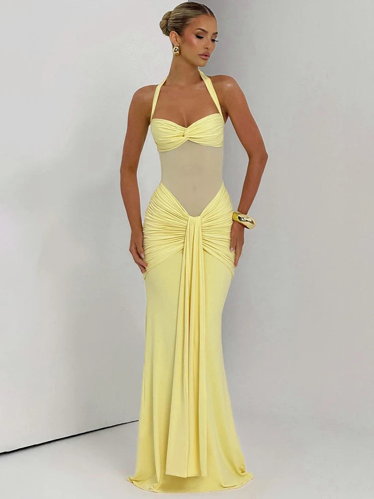 Halter Backless Sexy Maxi Dress Women Fashion Patchwork Off-shoulder Sleeveless Ruched Draped Bodycon Club Party Dress