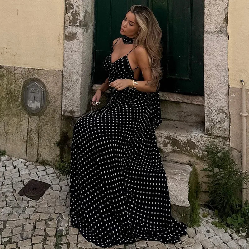 Polka Dot Print Sexy Deep V Neck Backless Maxi Dresses French Style Elegant Summer Dress Woman Clothing