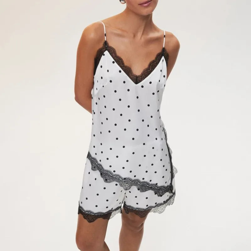Women Summer Outfit Y2K Dots Print Lace Trim Spaghetti Strap Asymmetrical Cami Tops and Shorts 2 Piece Casual Set