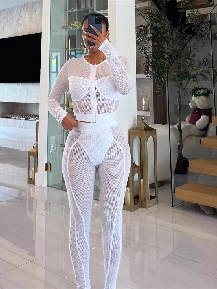 Patchwork Mesh 2-Piece Set Women See Through Zip o-Neck Long Sleeve Crop Tops+Pants Sexy Stretch Matching Autumn Suits