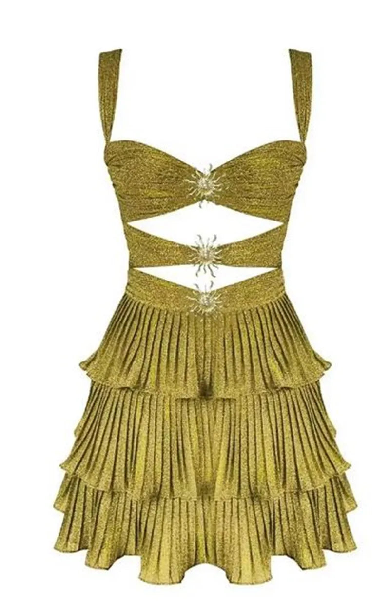 Women Sequin Starfish Mini Dress Spaghetti Strap Cut Out Layered Ruffle Dress Sparkly Y2k Short Cami Dress Party