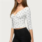 Women Vintage Polka Dot Crop Top Deep V 3/4 Sleeve Wrap Bust Slim Fitted Short T Shirt Retro Casual Y2K Basic Blouse