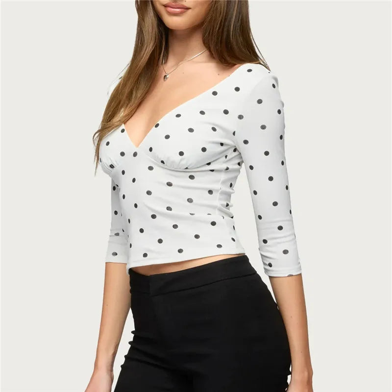 Women Vintage Polka Dot Crop Top Deep V 3/4 Sleeve Wrap Bust Slim Fitted Short T Shirt Retro Casual Y2K Basic Blouse