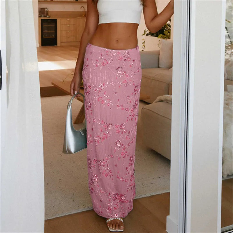 Women Sequin Beaded Maxi Skirt Y2K Sparkly High Waist Bodycon Skirt Night Out Party Glitter Long Skirt Vacation Clubwear