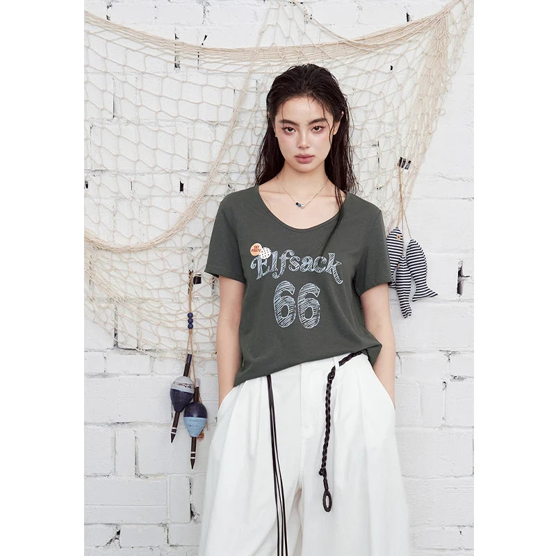 "66" Number Print Ruched Baby Tee, Curved Hem Fitted T-Shirt