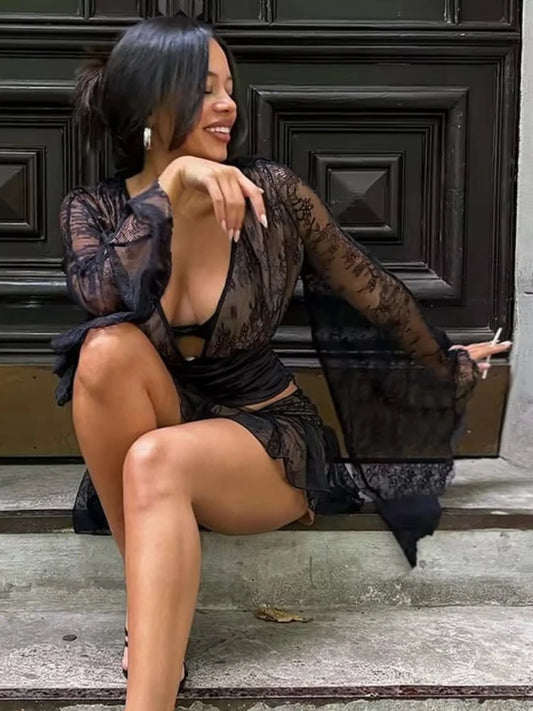 Fashion Lace Patchwork 2 Piece Set Woman Sexy Low-Neck Full Sleeve Shape Waist Tops+Irregular Mini Skirts Street Outfits