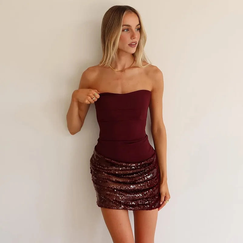 Sequined Patchwork Strapless Backless Mini Dress Burgundy Summer Party Dresses Sexy Outfits Woman Club Wear