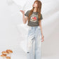 Strawberry Dessert Print Crop T-Shirt, Ruched Waist Slim Fit Tee, Sweet Retro Casual Top for Women