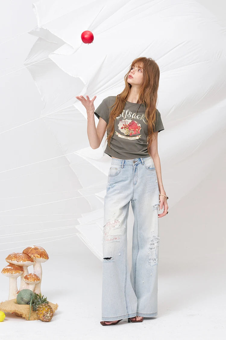 Strawberry Dessert Print Crop T-Shirt, Ruched Waist Slim Fit Tee, Sweet Retro Casual Top for Women