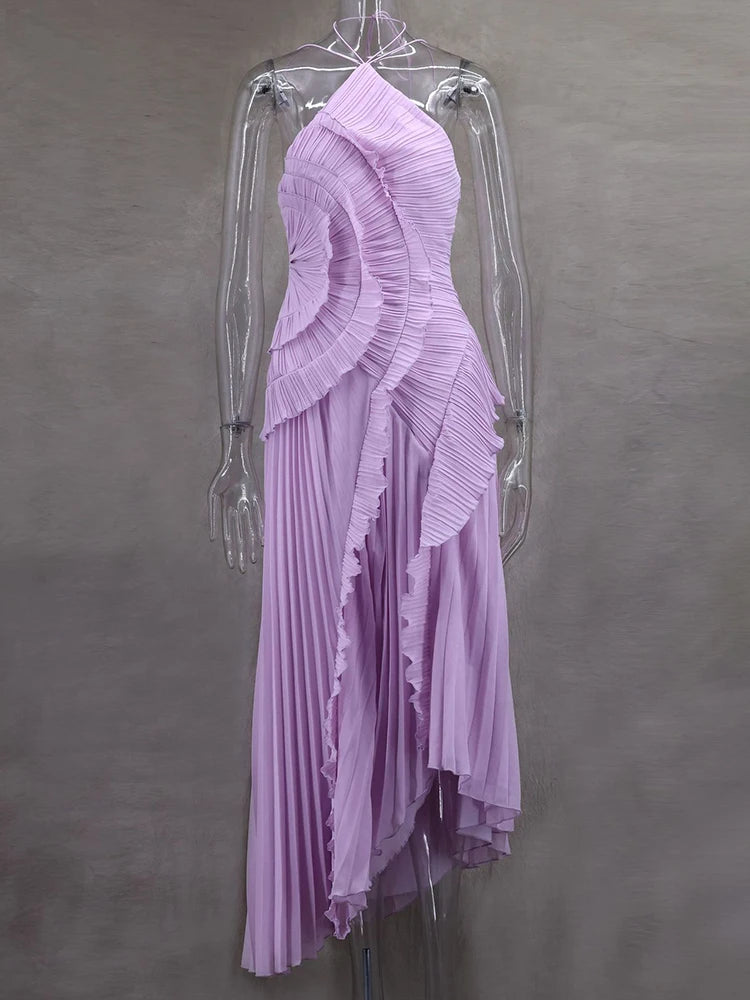 Elegant Off-shoulder Ruffle Sexy Maxi Dress Women Fashion Halter Sleeveless Backless Draped Pleated Club Party Dress