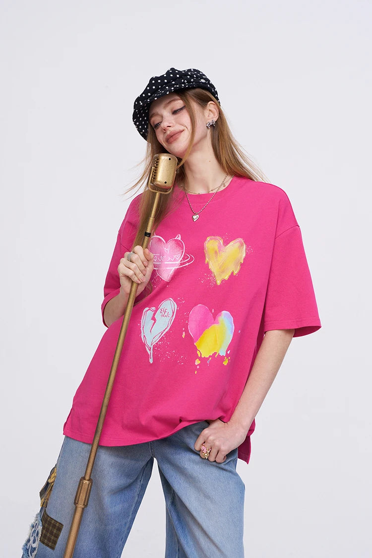 Women's Oversized T-Shirt with Colorful Heart Graffiti, Artistic Liquid Heart Print Tee for Summer, Chic Casual Cotton T