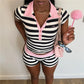 Women Y2K Striped Matching Two Piece Set Contrast Pink Lapel Neck Crop Top Fold Waist Biker Shorts Casual Preppy Suit