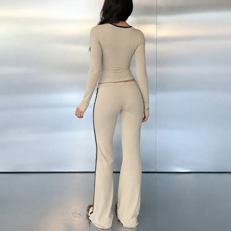 2 Piece Set Black Side Strip Long Sleeve Top and Flare Pants Sports Casual Fall Outfits Woman Loungewear Sets