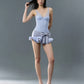 Patchwork Dress Women Bow Decoration v-Neck Ruffles Sleeveless Skinny High Elasticity Sweet Fashion Mini Bodycon