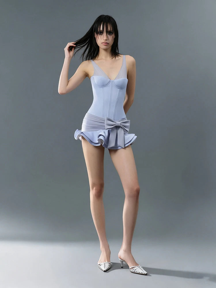 Patchwork Dress Women Bow Decoration v-Neck Ruffles Sleeveless Skinny High Elasticity Sweet Fashion Mini Bodycon